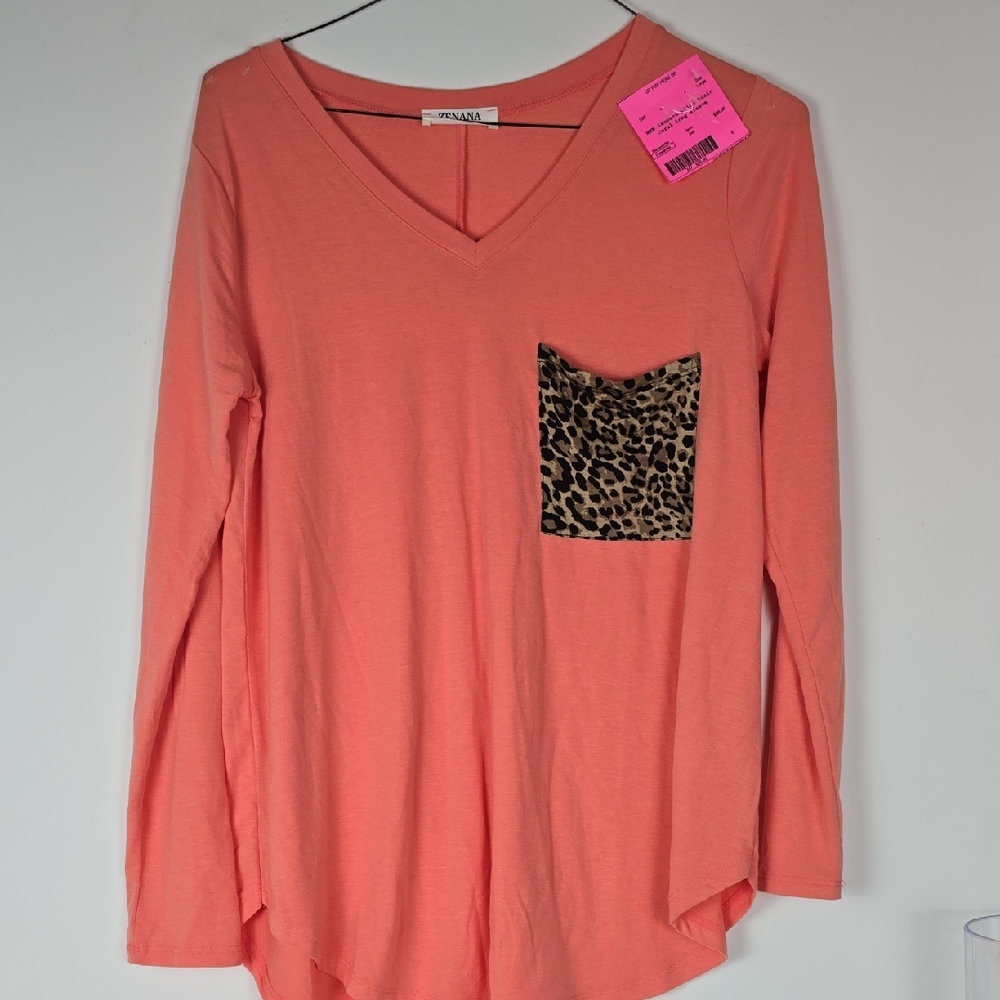 Zenana Outfitters Coral Long Sleeve Top with Leopard Pocket